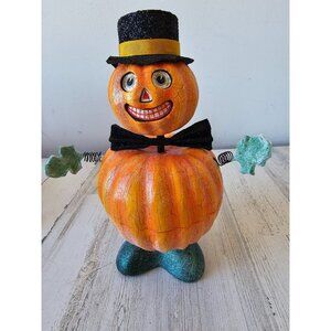 Vintage paper mache pumpkin bobble spring jack-o'-lantern Halloween decor unique